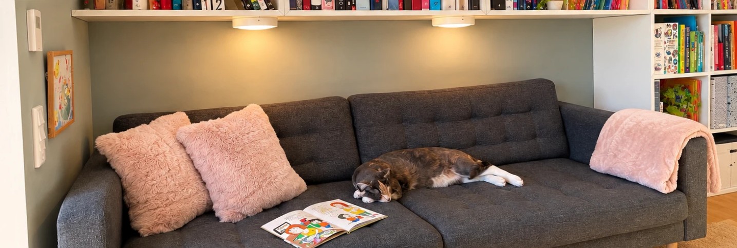 Læsesofaen med puder, bøger og husets kat